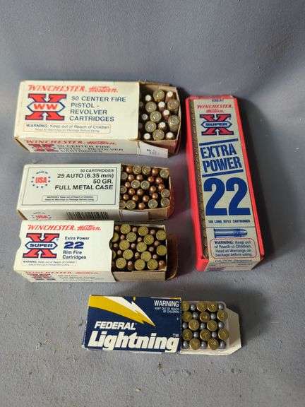 Hand Gun Ammo Assortment Including Winchester Western 9mm Luger Ammo, Approx 50 Rds, Olin .25 Auto Ammo, Approx 50 Rds, Winchester Super X And Federal Lightning .22 LR Ammo, Approx 150 Rds, And Winchester Super X .22 Rim Fire Ammo, Approx 50 Rds, Local Pickup Only image
