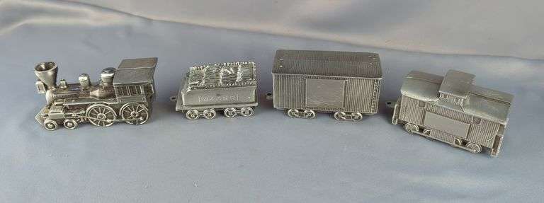 Pewter Train Set Bank: Locomotive, Coal Car, and Two Additional Cars