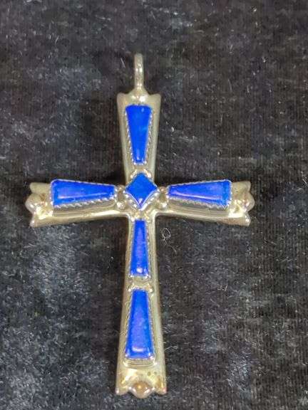 E. Kaskalla Sterling Silver Cross Pendant With Natural Blue Stone