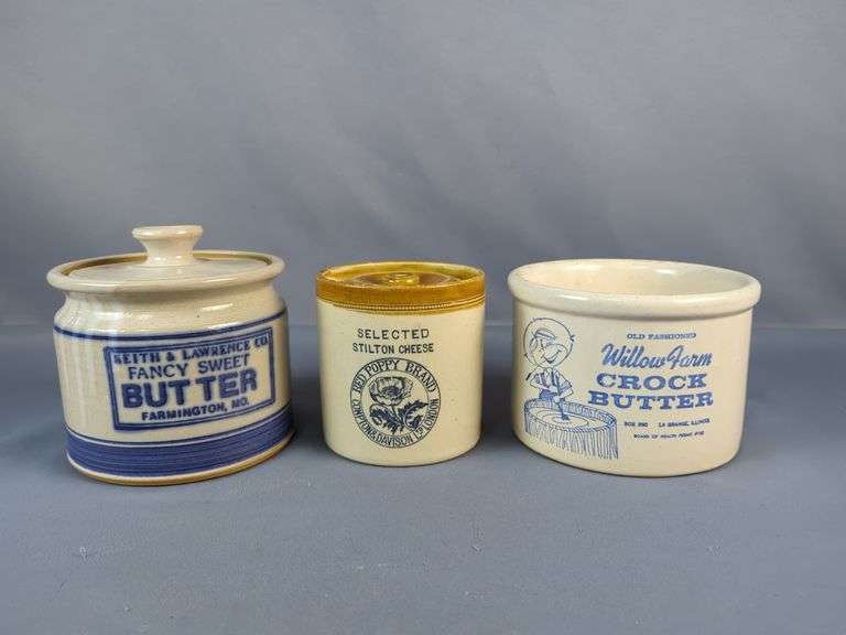 Three Advertising Crock Containers: Butter and Cheese