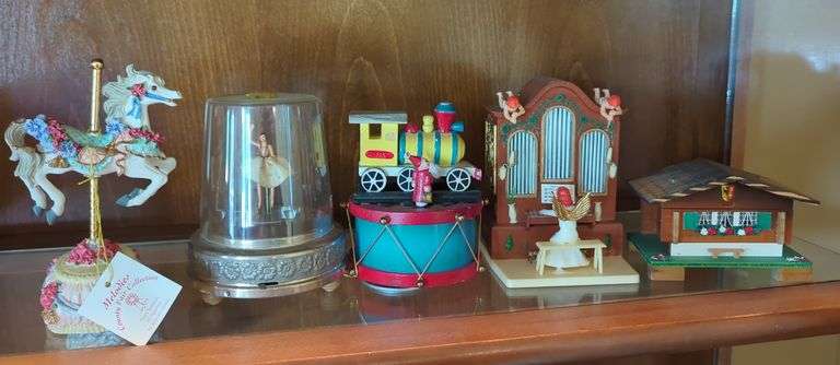 Music Boxes Including Carousel, Ballerina, Train, Organ, and Chalet, Qty 5