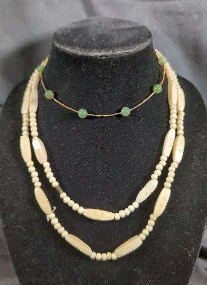 Ladies Carved Bone Necklace, And Glass Beaded Choker