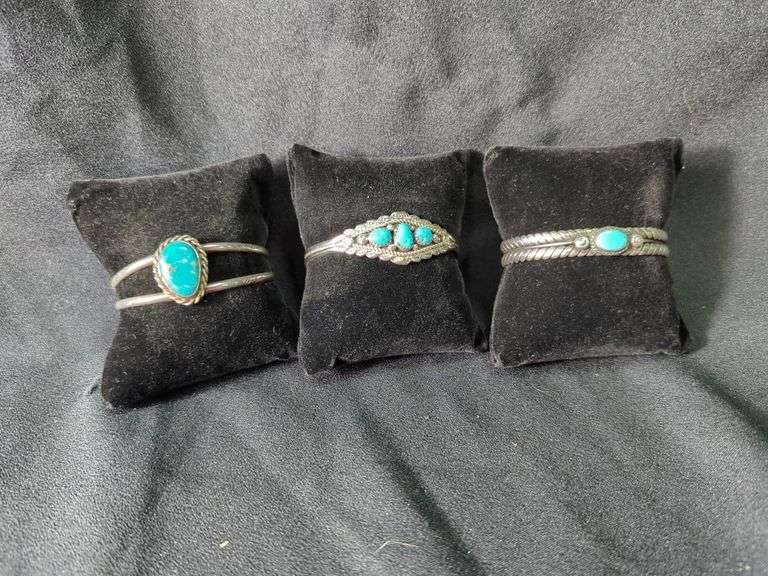 Turquoise Sterling Silver Cuff Bracelets, Qty 3