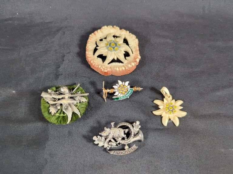 German Suvenirs Including Brooches And Carved Eidelweiss Celluloid Flowers