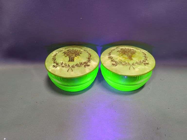 Uranium Glass Dresser Jars with Lids, Qty 2