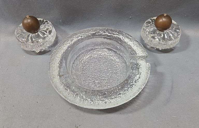 Iittala Finland "Ultima Thule" Glass Candle Holders And Glass Ashtray