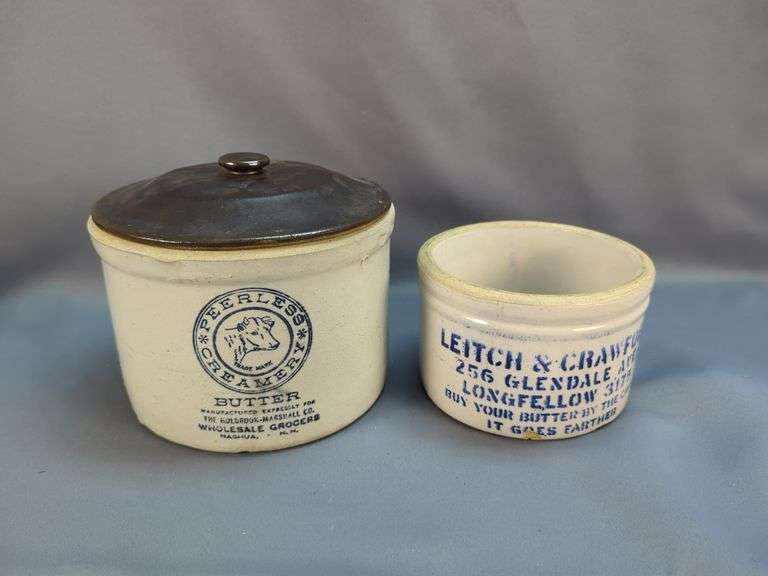 Peerless Creamery Butter Crock with Lid and Leitch & Crawford Butter Crock image
