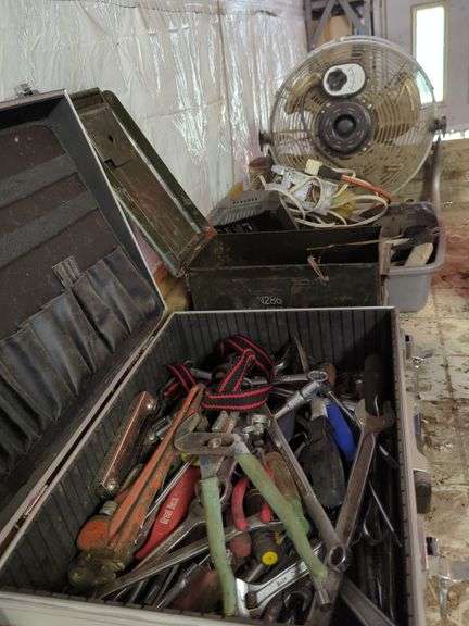 Assorted Tools, Metal Boxes, And Fan