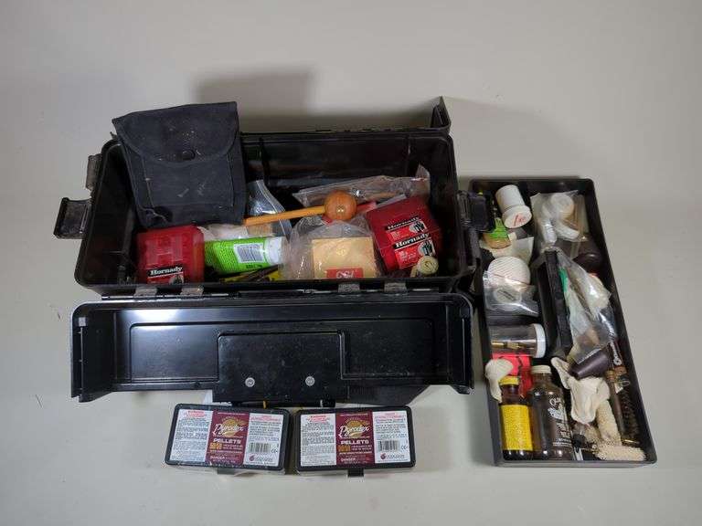 Black Powder Accessories Including Caps, Brushes, Sabots, Pellets, Tools, And More, In Case Gard Carry Case, Lid To Case Is Broken image