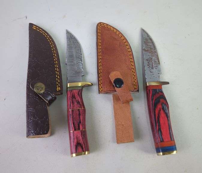 Damascus Steel 3.5" Fixed Blade Knives Qty 2 With Leather Sheaths image