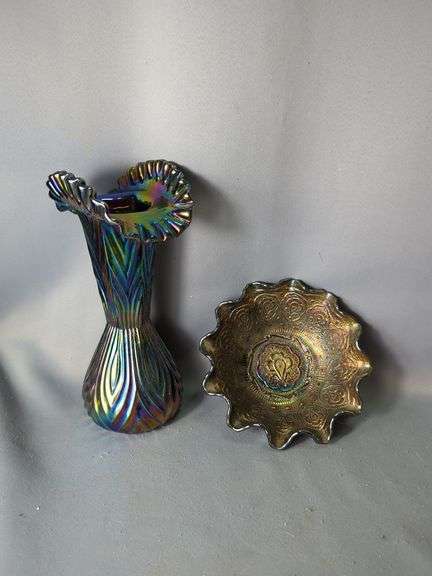 Fenton Iridescent Carnival Glass Vase and Bowl Set