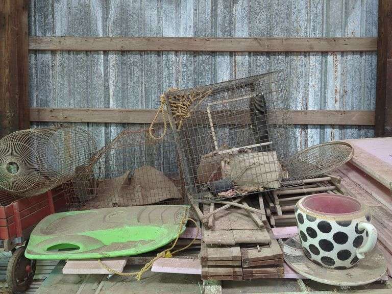 Vintage Bicycle, Cages, Wagon, Gas Cans, and More, Contents On Top And Left Of Lumber
