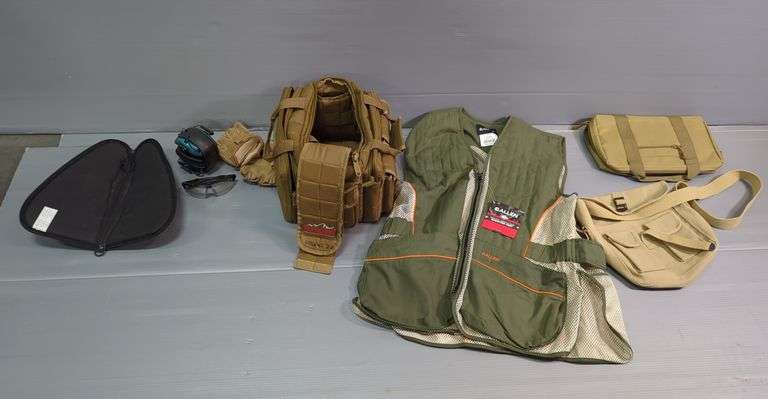 Military Style Ammo Satchels, Shooting Vest, And Range Bag With Hearing Protection, Eye Protection And More image