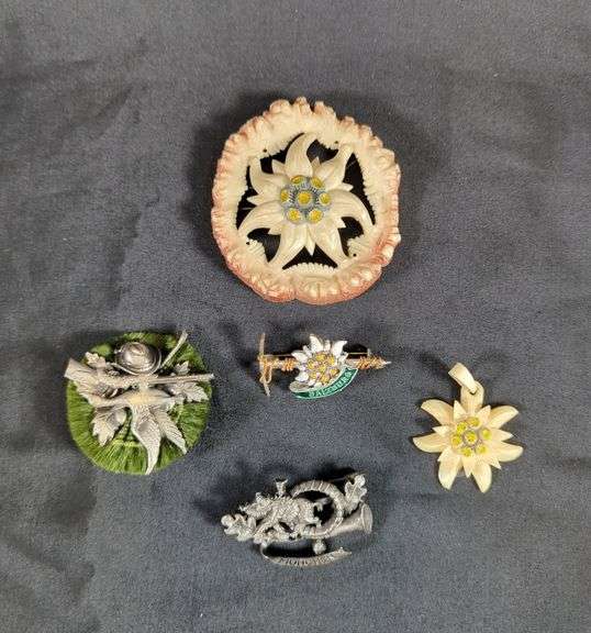 German Suvenirs Including Brooches And Carved Eidelweiss Celluloid Flowers