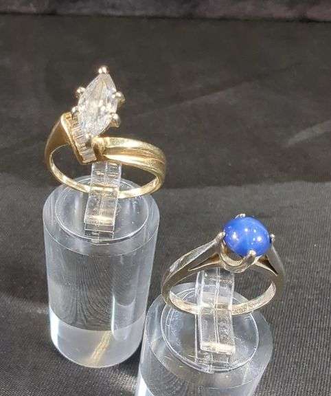 Ladies 14k Gold Solitaire Ring With Clear Stones, Size 6, and Silver Tone Ring With Blue Stone, Size  3.5