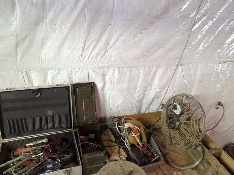 Assorted Tools, Metal Boxes, And Fan