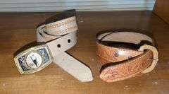 Two Leather Belts with Buckles  Tooled and Embossed