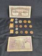 1936 Central Bank Of China Bank 1 Yuan Note, Pakistan 5 Rupees Bank Note, And Middle Eastern And Asia Coin Collection, Qty 16