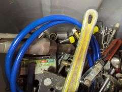 DeWalt Cordless Drill, Adjustable Wrench, Assorted Sockets, Pliers, an Air Hose, Hammer, And More
