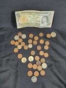 1973 Bank Of Canada 1 Dollar Bank Not And Assorted Canadian Coins