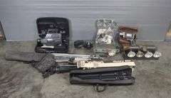 Camera Equipment Including VHS Movie Camera, Super 8, Minolta, Velbon Tripod, And Lighting