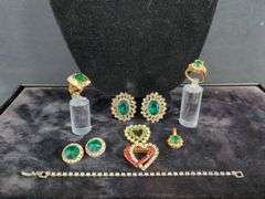 Rhinestone Emerald Green Costume Jewelry Including Rings, Size 8, Qty 2, Brooches, Clip-on Earrings, Pendant, Necklace And Bracelet