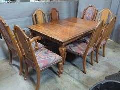 Wood Dining Table With 6 Chairs, Upholstered Seats