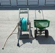 Ames Reel Easy Hose Reel Cart With Hose And Scotts Speedy Green 2000 Spreader