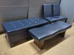 Grandin Road Blue Upholstered Furniture Set Includes, Bench, Ottoman, and Two Chairs