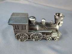 Pewter Train Set Bank: Locomotive, Coal Car, and Two Additional Cars
