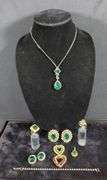 Rhinestone Emerald Green Costume Jewelry Including Rings, Size 8, Qty 2, Brooches, Clip-on Earrings, Pendant, Necklace And Bracelet
