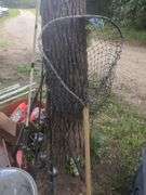 Camping Gear Including Fishing Rods, Net, Cooking Pot, and More