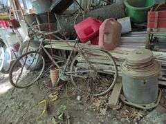 Vintage Bicycle, Cages, Wagon, Gas Cans, and More, Contents On Top And Left Of Lumber