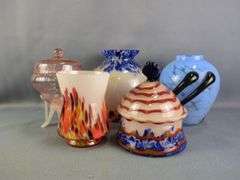 Czech Art Glass Vases and Lidded Bowls, Total Qty 5 Pieces