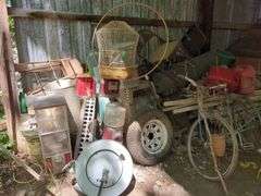 Vintage Bicycle, Cages, Wagon, Gas Cans, and More, Contents On Top And Left Of Lumber
