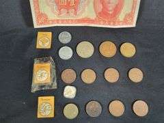 1936 Central Bank Of China Bank 1 Yuan Note, Pakistan 5 Rupees Bank Note, And Middle Eastern And Asia Coin Collection, Qty 16