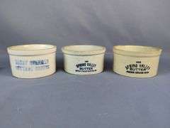Set of Three Stoneware Butter and Cottage Cheese Crocks