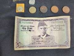 1936 Central Bank Of China Bank 1 Yuan Note, Pakistan 5 Rupees Bank Note, And Middle Eastern And Asia Coin Collection, Qty 16