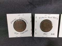 Foreign 19th Century Coin Collection Including 1861 Great Britain Victoria Half Pennies, Qty 2, 1854 France Napoleon III 10 Centimes Coin, 1700 China Qianlong Tonbao Coin, and 1889 Vietnam 10 Van Coin