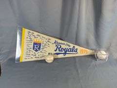 Bruce Chen Autographed Baseball, 1979 Kansas City Royals Stamped Signature Pennant, And Stamped Autograph Baseball