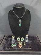 Rhinestone Emerald Green Costume Jewelry Including Rings, Size 8, Qty 2, Brooches, Clip-on Earrings, Pendant, Necklace And Bracelet