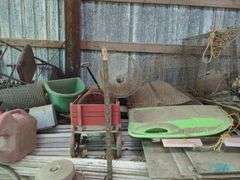 Vintage Bicycle, Cages, Wagon, Gas Cans, and More, Contents On Top And Left Of Lumber