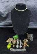 Costume Jewelry Collection: Necklace, Brooches, Bracelet, and Earrings
