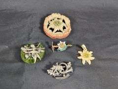 German Suvenirs Including Brooches And Carved Eidelweiss Celluloid Flowers