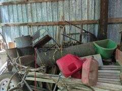Vintage Bicycle, Cages, Wagon, Gas Cans, and More, Contents On Top And Left Of Lumber