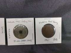 Foreign 19th Century Coin Collection Including 1861 Great Britain Victoria Half Pennies, Qty 2, 1854 France Napoleon III 10 Centimes Coin, 1700 China Qianlong Tonbao Coin, and 1889 Vietnam 10 Van Coin