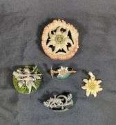 German Suvenirs Including Brooches And Carved Eidelweiss Celluloid Flowers