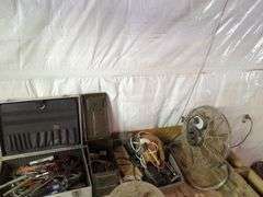 Assorted Tools, Metal Boxes, And Fan