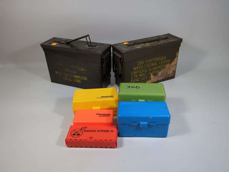 Metal Ammo Cans, Qty 2, 4" x 7" x 11", And Ammo Holders, Qty 5 image