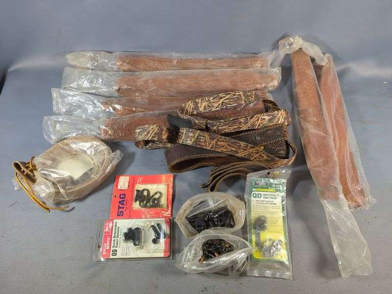 Basketweave Tooled Leather Slings, Qty 6, Hunter Leather Cobra Sling, Nylon Camo Sling, Vintage Slings, And Sling Swivels image
